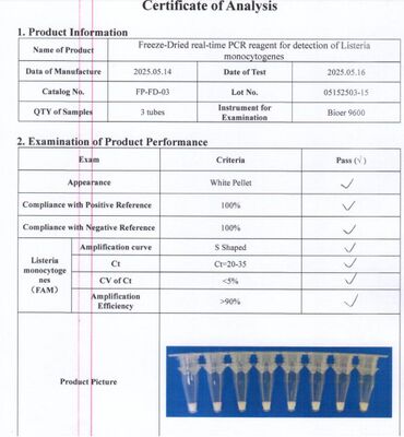 عامل الكشف عن PCR في الوقت الفعلي المجفف بالتجميد للكشف عن Listeria monocytogenes بحساسية عالية دون الحاجة إلى سلسلة باردة